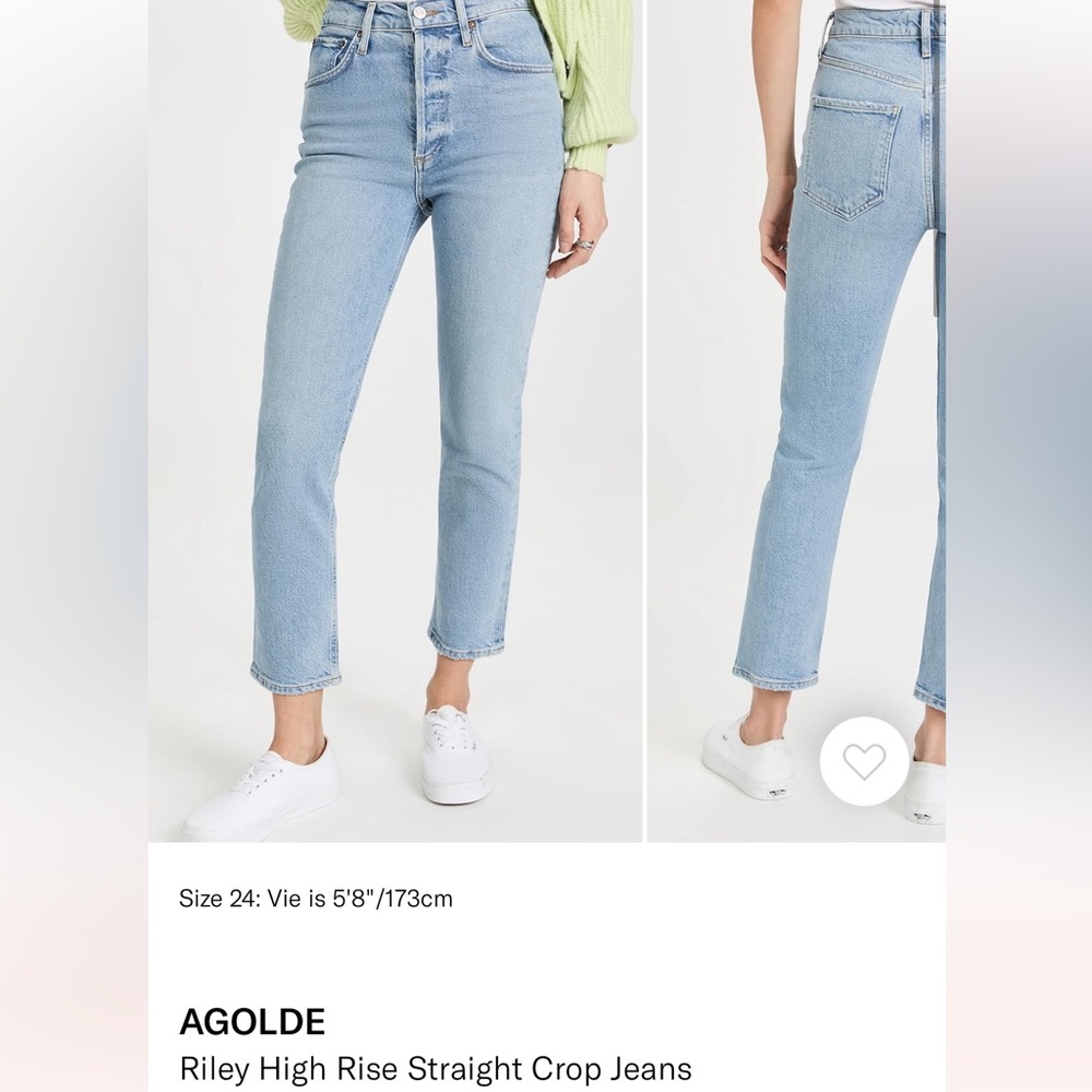 Agolde Riley high-rise crop jeans (size 24, light wash “shiver”)